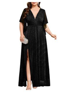 Plus Size Sparkly Mesh Formal Maxi Dress V-Neck Slit Evening Gown